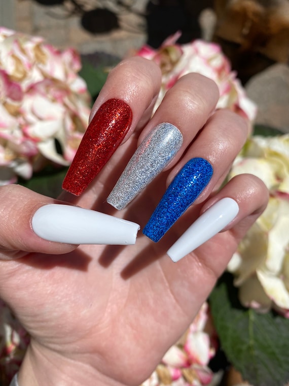 Usa Nails Red White And Blue Press On Nails Glitter Nails Etsy Israel