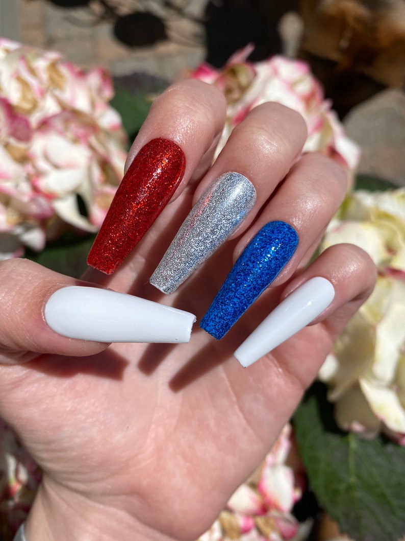 USA Nails / Red White and Blue Press On Nails / Glitter Nails image 1