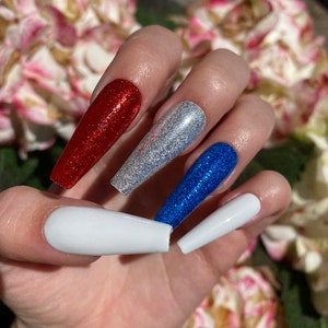 USA Nails / Red White and Blue Press On Nails / Glitter Nails image 8