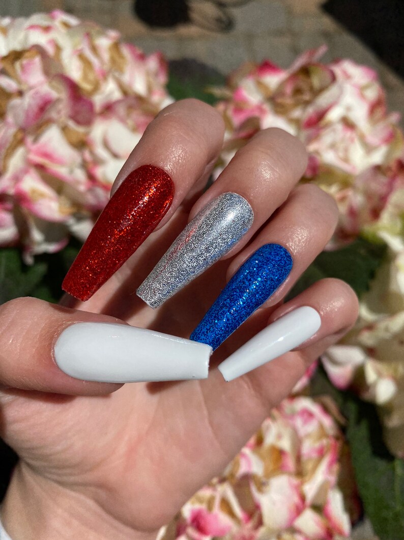 USA Nails / Red White and Blue Press On Nails / Glitter Nails image 8