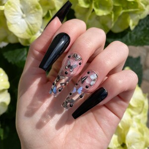 Black Butterfly Press On Nails / Black Rhinestones image 4