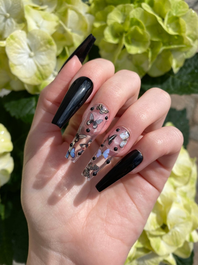 Black Butterfly Press On Nails / Black Rhinestones image 4