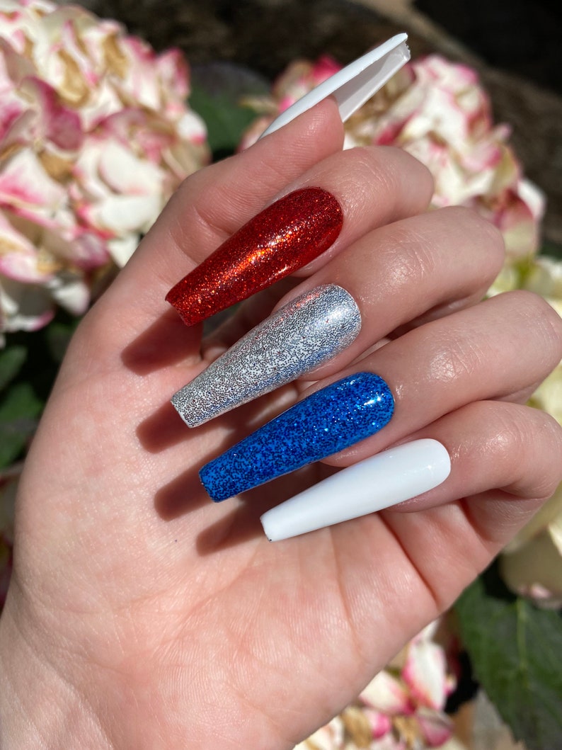 USA Nails / Red White and Blue Press On Nails / Glitter Nails image 6