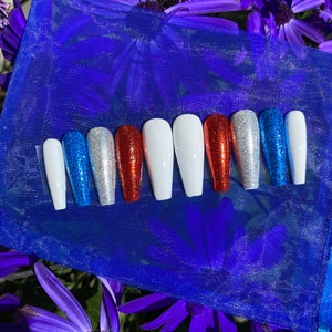 USA Nails / Red White and Blue Press On Nails / Glitter Nails image 5