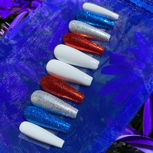 USA Nails / Red White and Blue Press On Nails / Glitter Nails image 2