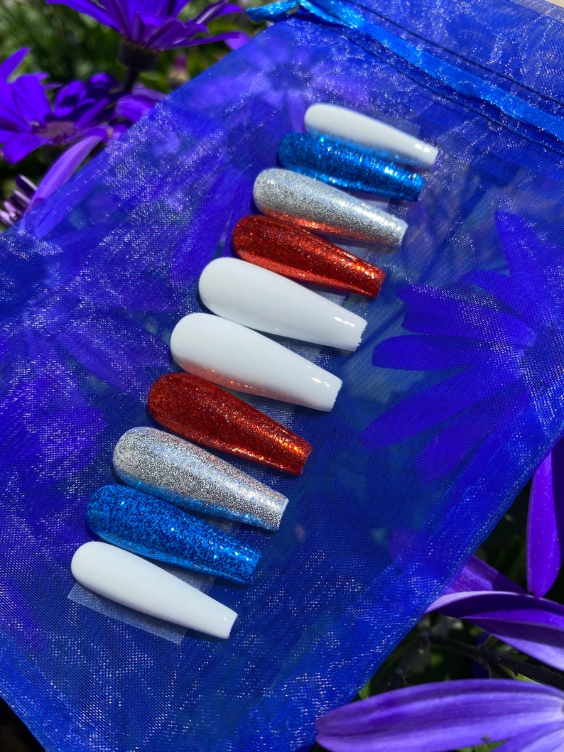 USA Nails / Red White and Blue Press On Nails / Glitter Nails image 2