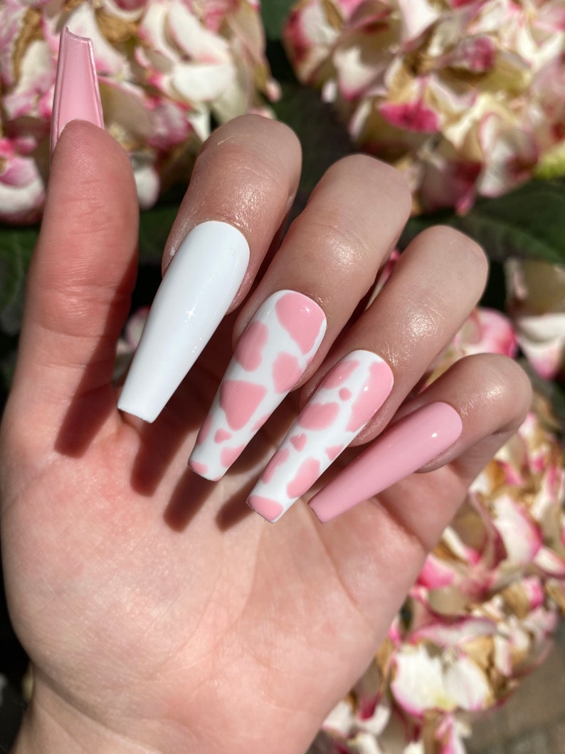 Baby Pink Coffin Nails with Cow Print