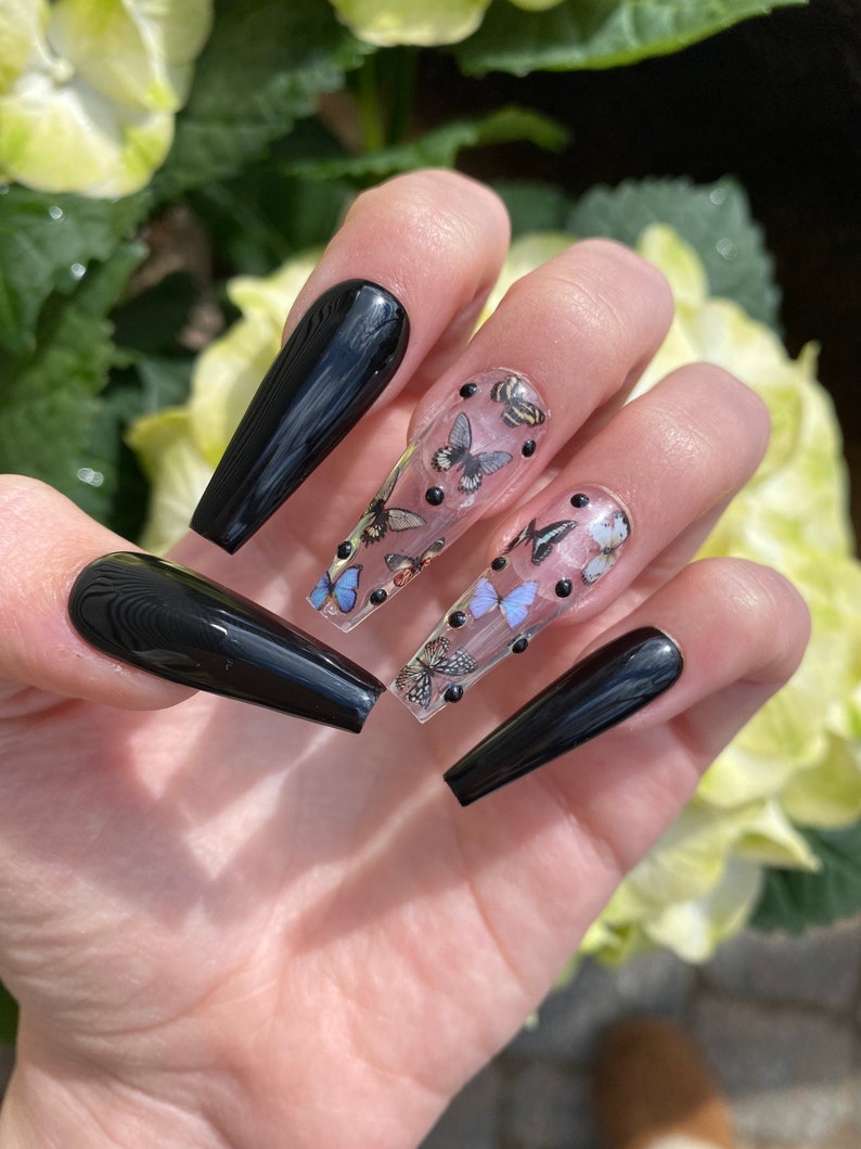 Black Butterfly Press On Nails / Black Rhinestones image 1