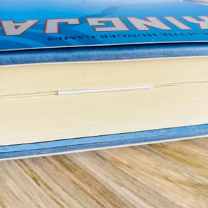 May include: Close-up of a book titled "Catching Fire" from "The Hunger Games" series. The book has a blue cover with white and orange lettering. The pages are cream-colored, and a white bookmark is inserted.