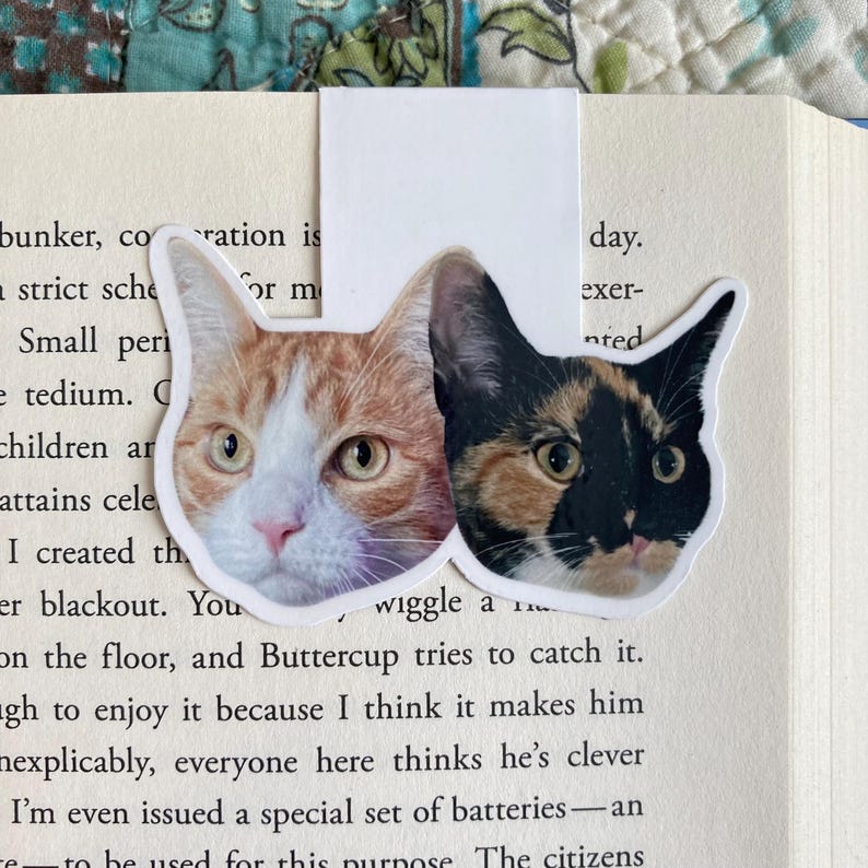 May include: A white bookmark featuring two cat faces. One cat is orange and white, the other is calico with black, brown, and orange fur. The bookmark is placed in an open book with printed text.