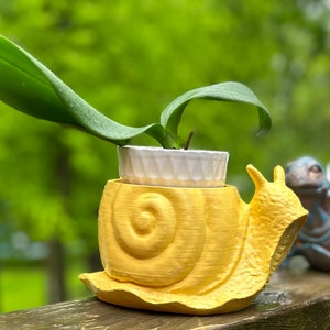 May include: A yellow snail planter with a white ceramic pot inside. The planter is sitting on a wooden surface and has a green orchid plant growing inside.