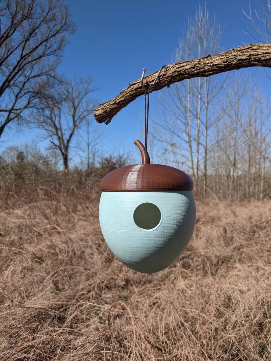 Bird House Handmade Gift for Garden and Home. A Whimsical Blue Acorn