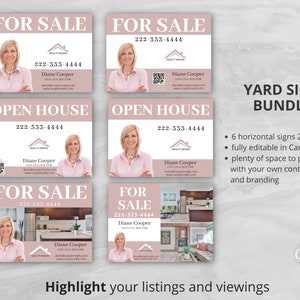 Peut inclure: Six panneaux de vente immobili&egrave;re de couleur rose et blanche avec une photo d'une femme et du texte "FOR SALE", "OPEN HOUSE" et "222-333-4444". Les panneaux mesurent 61 cm sur 46 cm et sont enti&egrave;rement modifiables dans Canva.