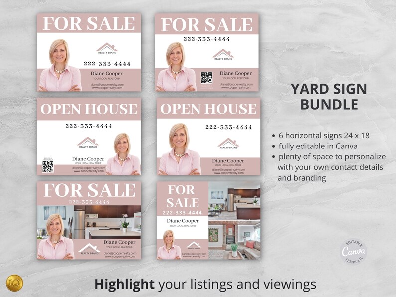 Peut inclure: Six panneaux de vente immobili&egrave;re de couleur rose et blanche avec une photo d'une femme et du texte "FOR SALE", "OPEN HOUSE" et "222-333-4444". Les panneaux mesurent 61 cm sur 46 cm et sont enti&egrave;rement modifiables dans Canva.