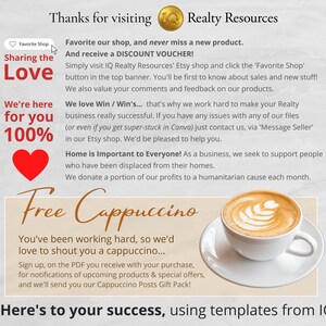 Peut inclure: Un graphique color&eacute; avec le texte "Sharing the Love" et "We're here for you 100%" avec un c&oelig;ur rouge. Le graphique comprend &eacute;galement le texte "Free Cappuccino" avec une tasse de caf&eacute; blanche avec un cappuccino brun sur le dessus. Le texte "Thanks for visiting Realty Resources" est en haut du graphique. Le texte "Here's to your success, using templates from IQ" est en bas du graphique.