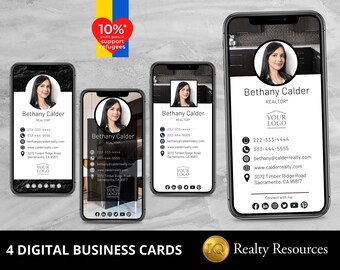 Puede incluir: Cuatro tarjetas de visita digitales con un diseño en blanco y negro. Cada tarjeta presenta una foto de una mujer, su nombre "Bethany Calder", el título "REALTOR", información de contacto y el texto "YOUR LOGO".