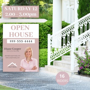 Peut inclure: Une pancarte d'open house rose et blanche avec le texte "SATURDAY 12 2.00 - 3.00pm OPEN HOUSE 222-333-4444 Diane Cooper YOUR LOCAL REALTORB diane@cooperrealty.com www.cooperrealty.com REALTY BRAND 16 RIDERS". Une femme en chemise rose est repr&eacute;sent&eacute;e sur la pancarte.