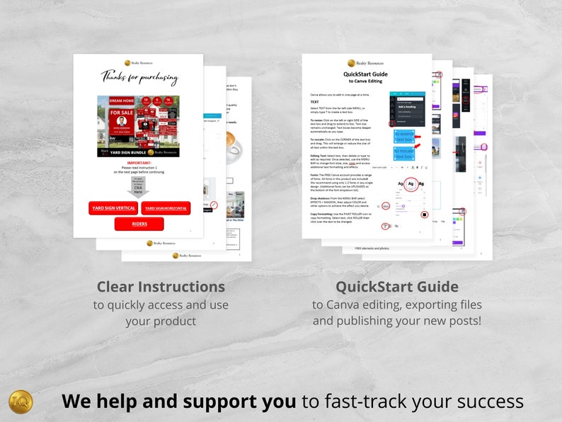 May include: A set of printable real estate yard signs with the text "For Sale" and a red and white color scheme. The image also includes a guide for editing and publishing the signs using Canva.