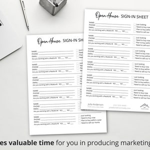 K&ouml;nnte beinhalten: Wei&szlig;e Anmeldeb&ouml;gen f&uuml;r ein offenes Haus mit dem Text "Open House SIGN-IN SHEET". Die B&ouml;gen enthalten Felder f&uuml;r Name, Telefon, E-Mail und Fragen zur Zusammenarbeit mit einem Makler. Ein Laptop und ein Stift sind im Hintergrund.