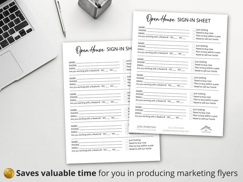 K&ouml;nnte beinhalten: Wei&szlig;e Anmeldeb&ouml;gen f&uuml;r ein offenes Haus mit dem Text "Open House SIGN-IN SHEET". Die B&ouml;gen enthalten Felder f&uuml;r Name, Telefon, E-Mail und Fragen zur Zusammenarbeit mit einem Makler. Ein Laptop und ein Stift sind im Hintergrund.