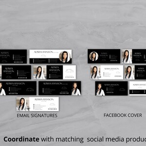 May include: Black and white email signature templates with a woman's headshot and the text "Alisha Hanson" and a house icon.  The templates are designed for use on social media and include a Facebook cover image.