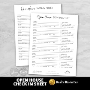 May include: Two white open house sign-in sheets with the text "Open House SIGN-IN SHEET" at the top. The sheets include fields for name, phone, and email, along with checkboxes for buyer interest. The bottom of the image has the text "OPEN HOUSE CHECK IN SHEET".