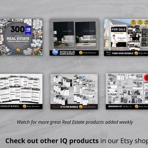 May include: A collage of digital products for real estate agents, including social media posts, checklists, flyers, yard signs, and branding kits. The products are designed in black and white with a modern aesthetic.