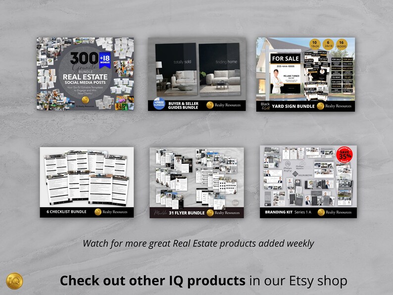 May include: A collage of digital products for real estate agents, including social media posts, checklists, flyers, yard signs, and branding kits. The products are designed in black and white with a modern aesthetic.