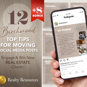 May include: A smartphone displaying a social media post with the text "DIY Moving" and a list of tips for moving. The post is from the account "jullaanderson" and has 111 comments. The phone is held in a hand against a background of a wooden surface with the text "12 Birchwood Top Tips for Moving Social Media Posts Engage & Win New Real Estate Clients!" and a gold logo with the text "IQ Realty Resources".