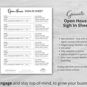 K&ouml;nnte beinhalten: Eine druckbare Open-House-Anmeldebogen-Vorlage mit dem Text "Open House Sign-In Sheet". Das Design enth&auml;lt Felder f&uuml;r Name, Telefon, E-Mail und Informationen zum Makler. Die Vorlage ist in einer grauen Farbpalette gehalten.
