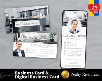 May include: A digital business card template for a real estate agent. The card features a photo of the agent, contact information, and a logo. The card is designed to be used on a mobile device.