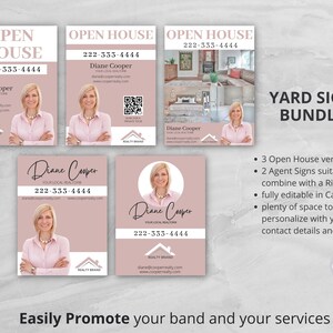Peut inclure: Un ensemble de panneaux de cour immobiliers roses et blancs avec une photo d'une femme et le texte "Open House" et "Diane Cooper". Les panneaux sont enti&egrave;rement modifiables dans Canva et comprennent un espace pour personnaliser avec vos propres coordonn&eacute;es et votre image de marque.
