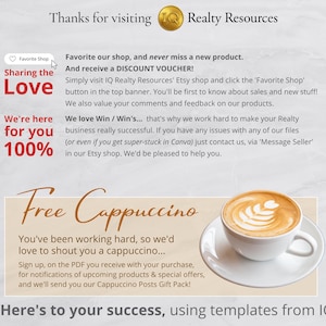 K&ouml;nnte beinhalten: Werbegrafik mit dem Text &bdquo;Vielen Dank f&uuml;r Ihren Besuch bei Realty Resources&ldquo;. Es enth&auml;lt einen Aufruf zum Handeln, um den Shop zu favorisieren und einen Rabattgutschein zu erhalten. Eine Tasse Cappuccino ist ebenfalls abgebildet.