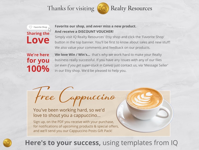 K&ouml;nnte beinhalten: Werbegrafik mit dem Text &bdquo;Vielen Dank f&uuml;r Ihren Besuch bei Realty Resources&ldquo;. Es enth&auml;lt einen Aufruf zum Handeln, um den Shop zu favorisieren und einen Rabattgutschein zu erhalten. Eine Tasse Cappuccino ist ebenfalls abgebildet.