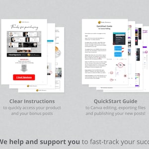 May include: A digital product guide with a blue and white colour scheme. The guide includes instructions on how to access a product and bonus posts, as well as a quick start guide to Canva editing, exporting files, and publishing new posts. The text "Thanks for purchasing" and "We help and support you to fast-track your success" are also included.