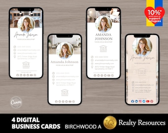 Puede incluir: Cuatro tarjetas de visita digitales con un fondo marrón claro. Cada tarjeta presenta una foto de una mujer, su nombre "Amanda Johnson", el texto "Su agente inmobiliario local", un número de teléfono, una dirección de sitio web y iconos de redes sociales. Las tarjetas también incluyen un espacio reservado para un logotipo.