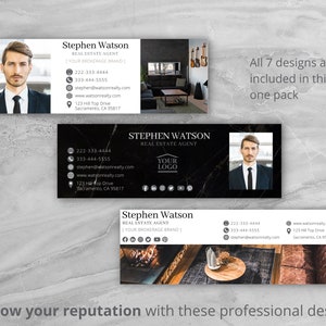 May include: Seven black and white real estate agent business card designs featuring a man in a suit and tie. The designs include a variety of backgrounds, including a fireplace, a marble countertop, and a living room. The text on the cards includes the agent's name, phone number, email address, website address, and physical address. The text "All 7 designs are included in this one pack" is also included in the image.