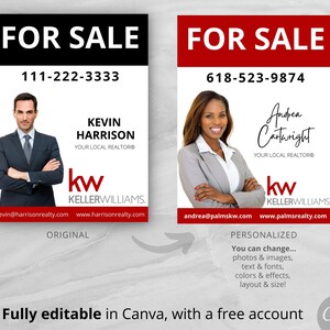 May include: Two real estate agent business cards with a white background and black and red text. The top card features a photo of a man with the text "FOR SALE", "111-222-3333", "KEVIN HARRISON", "YOUR LOCAL REALTOR&reg;", "kw KELLERWILLIAMS.", "kevin@harrisonrealty.com", "www.harrisonrealty.com", and "ORIGINAL". The bottom card features a photo of a woman with the text "FOR SALE", "618-523-9874", "Andrea Cartwright", "YOUR LOCAL REALTOR&reg;", "kw KELLERWILLIAMS.", "andrea@palmskw.com", "www.palmsrealty.com", and "PERSONALIZED You can change... photos & images, text & fonts, colors & effects, layout & size!"