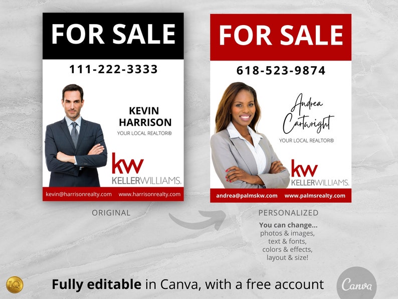 May include: Two real estate agent business cards with a white background and black and red text. The top card features a photo of a man with the text "FOR SALE", "111-222-3333", "KEVIN HARRISON", "YOUR LOCAL REALTOR&reg;", "kw KELLERWILLIAMS.", "kevin@harrisonrealty.com", "www.harrisonrealty.com", and "ORIGINAL". The bottom card features a photo of a woman with the text "FOR SALE", "618-523-9874", "Andrea Cartwright", "YOUR LOCAL REALTOR&reg;", "kw KELLERWILLIAMS.", "andrea@palmskw.com", "www.palmsrealty.com", and "PERSONALIZED You can change... photos & images, text & fonts, colors & effects, layout & size!"