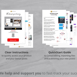 May include: A digital download of a quick start guide to Canva editing, exporting files, and publishing new posts. The guide includes clear instructions to quickly access the product and bonus posts. The text "Thanks for purchasing" and "Business Cards" are visible on the guide.