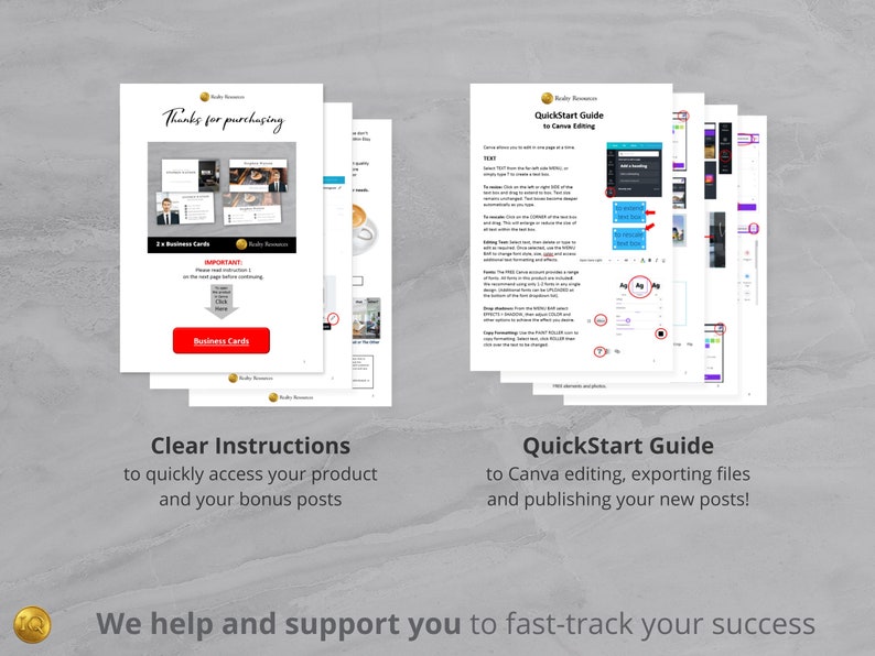 May include: A digital download of a quick start guide to Canva editing, exporting files, and publishing new posts. The guide includes clear instructions to quickly access the product and bonus posts. The text "Thanks for purchasing" and "Business Cards" are visible on the guide.
