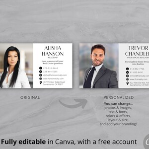 May include: Two business cards, one with a woman's photo and the other with a man's photo. Both cards have contact information for real estate agents, including phone numbers, email addresses, and website addresses. The text on the cards reads "ALISHA HANSON REALTOR" and "TREVOR CHANDLER YOUR LOCAL REALTOR". The cards are fully editable in Canva with a free account.