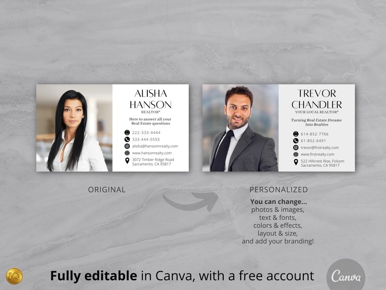May include: Two business cards, one with a woman's photo and the other with a man's photo. Both cards have contact information for real estate agents, including phone numbers, email addresses, and website addresses. The text on the cards reads "ALISHA HANSON REALTOR" and "TREVOR CHANDLER YOUR LOCAL REALTOR". The cards are fully editable in Canva with a free account.