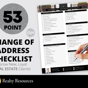 Könnte beinhalten: Eine schwarz-weiße Checkliste mit dem Titel "Change of Address Checklist" mit dem Text "Grow New, Loyal Real Estate Clients!" Die Checkliste enthält Kategorien für Immobiliendienstleistungen, Versicherungen, professionelle Dienstleistungen, Finanzen, Gemeinde, Mitgliedschaften, Regierung und das Finanzamt.