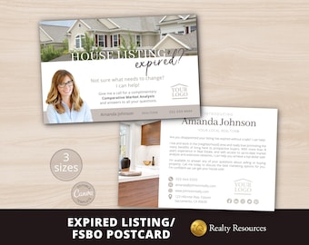 May include: A postcard design for real estate marketing. The front features a photo of a house, the text "HOUSE LISTING expired?", and a photo of a realtor. The back includes contact information and a logo.