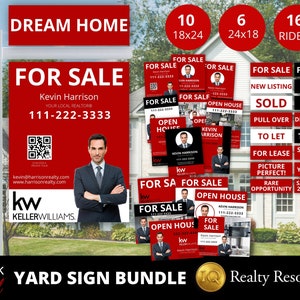 May include: A black and red yard sign bundle for real estate agents. The signs feature various phrases like "For Sale", "Open House", "Sold", and "To Let". The bundle includes 10 18x24 inch signs, 6 24x18 inch signs, and 16 riders.