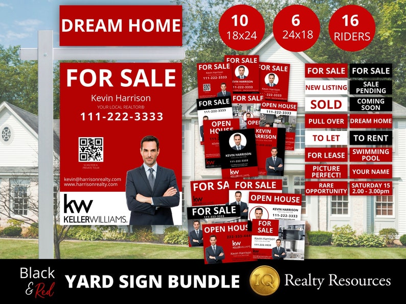 May include: A black and red yard sign bundle for real estate agents. The signs feature various phrases like "For Sale", "Open House", "Sold", and "To Let". The bundle includes 10 18x24 inch signs, 6 24x18 inch signs, and 16 riders.