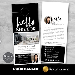 不動産ドアハンガーテンプレート、ドアハンガータグ、不動産マーケティング、こんにちは、ご近所さん、不動産業者、売主・買主向けリスティングチラシ、Canvaテンプレート