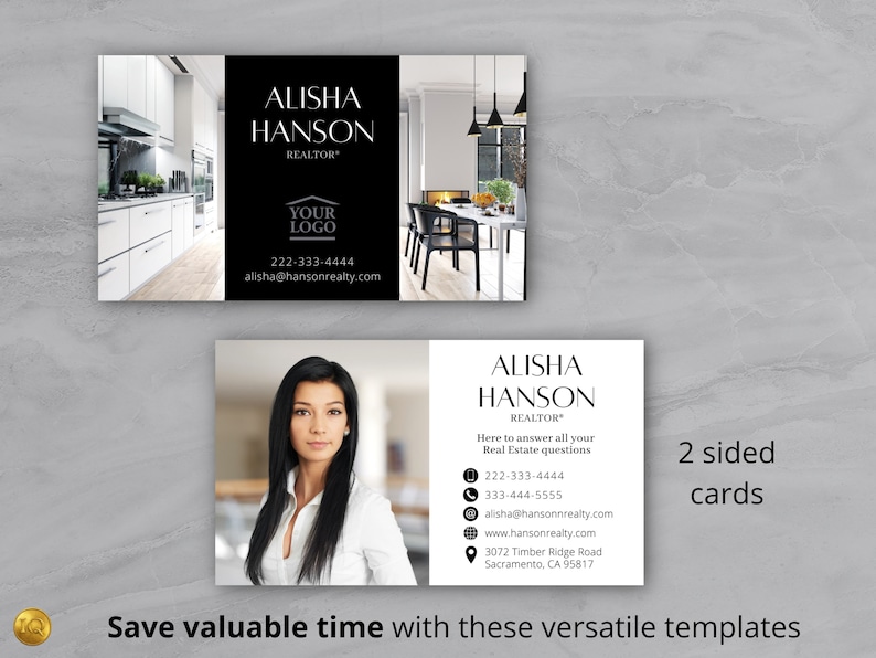 May include: Two-sided business card template for a realtor. The front of the card features a black and white photo of a kitchen with a logo placeholder. The back of the card features a headshot of the realtor, contact information, and the text "Here to answer all your Real Estate questions".