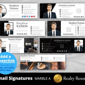 May include: Seven black and white email signature templates with a marble background. Each template features a headshot of a person, contact information, and a place for a logo. The text on the templates reads "Stephen Watson, Real Estate Agent".